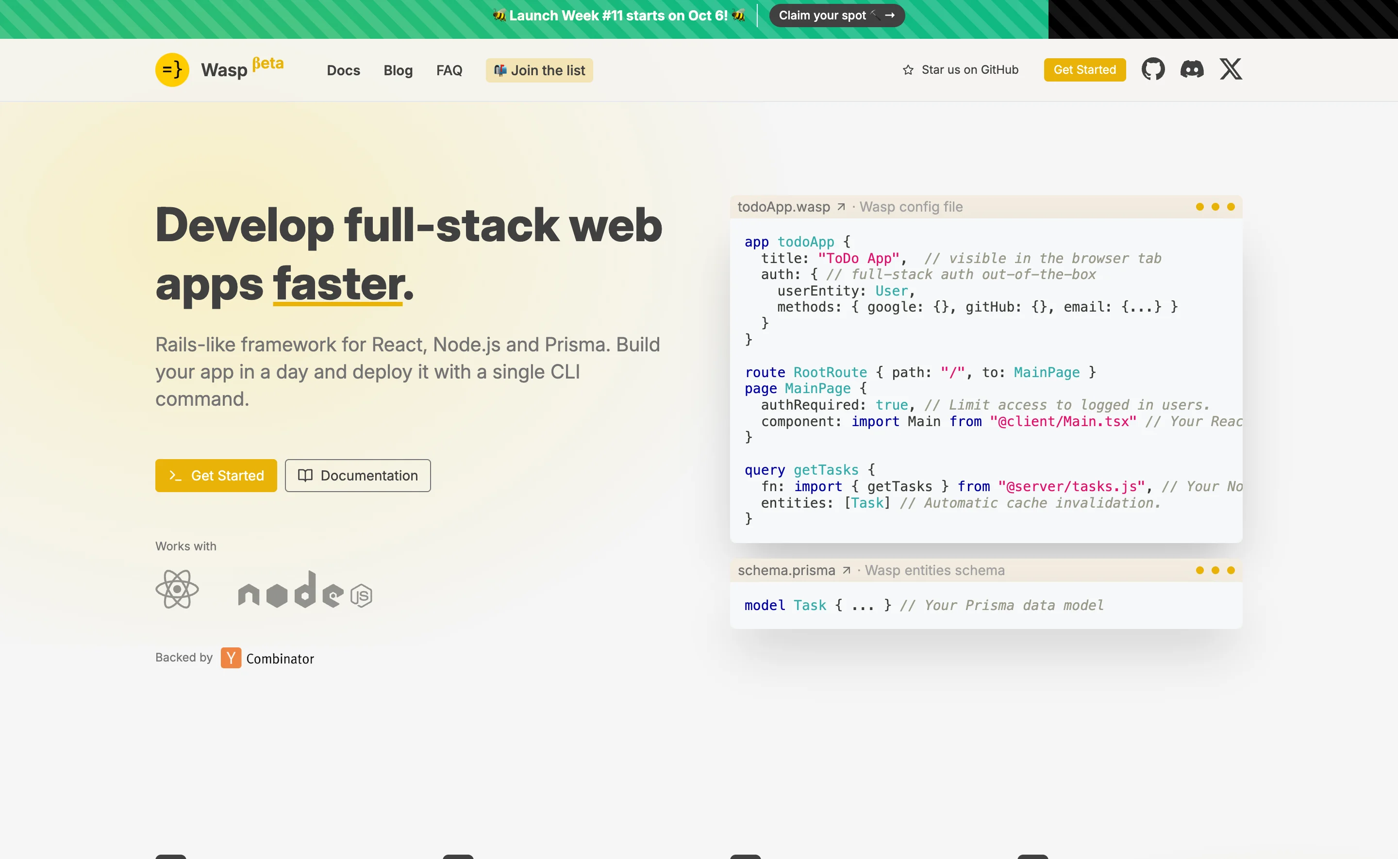 The pre-rebrand Wasp landing page from October 2025: a Launch Week #11 announcement bar at the top, yellow gradient hero with 'Develop full-stack web apps faster', and a code preview on the right